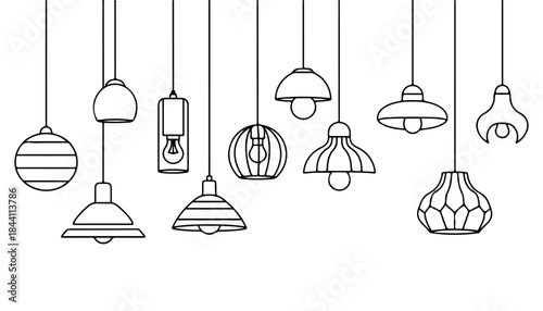Elegant Lighting Selection: A graphic representation of various pendant lights, each showcasing unique designs, hangs suspended from above.