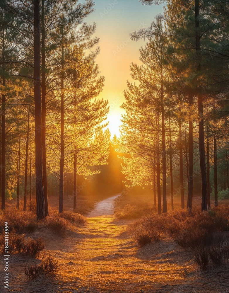 Fototapeta premium Sunlit forest path with tall pine trees casting golden light and long shadows during sunrise or sunset creating a serene and peaceful atmosphere