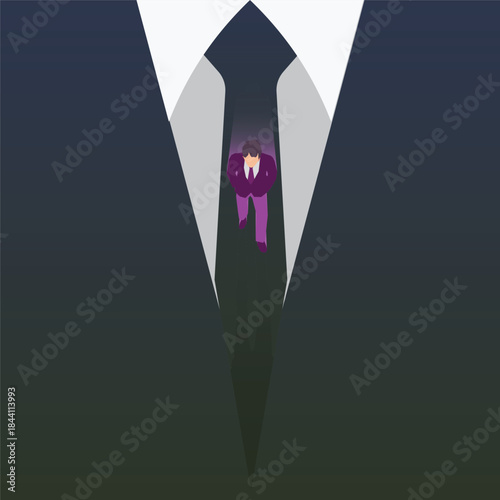A conceptual vector illustration of a businessman walking forward through a narrow opening shaped like a necktie, symbolizing career pressure, corporate escape, ambition, and personal breakthrough