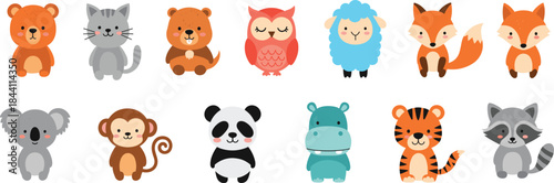 Cute animal character vector set featuring adorable woodland and wild creatures, perfect for kids illustrations, stickers, toys and design projects