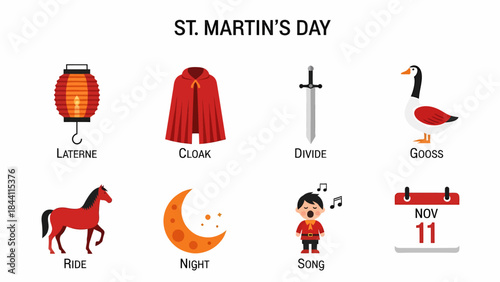 Eight icons related to St Martins Day lantern cloak sword goose horse moon singer and calendar