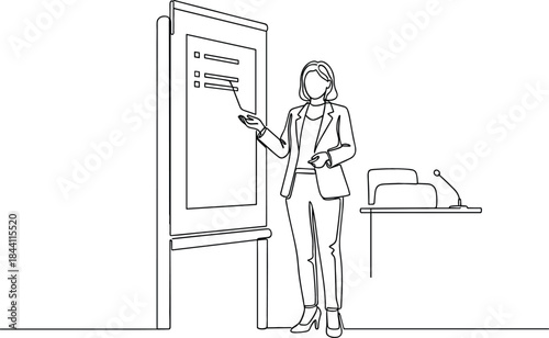 Continuous One Line Art Drawing: Elegant Businesswoman Giving a Professional Presentation and Explaining Checklist Items on a Display Board.