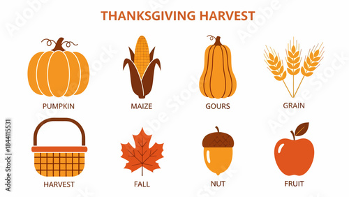 Flat icon set illustrating eight Thanksgiving harvest and fall elements