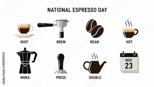 Graphic illustrating eight espressorelated icons for National Espresso Day November 23rd
