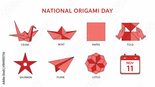 Illustration for National Origami Day showing folded paper items and a calendar date of November 11