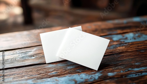 two blank white business cards lying on textured dark wooden surface with peeling blue paint
