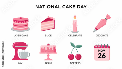 National Cake Day graphic showing pink cake elements mixer candle cherries and calendar