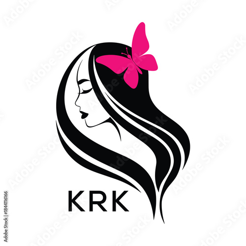 KRK Elegant Woman Hair Logo with Butterfly. KRK Beauty Salon, Hairdresser & Feminine Brand Identity KRK Modern Beauty Design.
