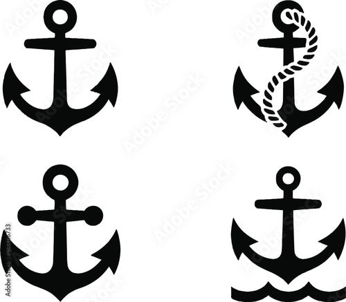 Nautical anchor and maritime line icon set. Ship safety, naval transport, and sailing equipment vector symbols.