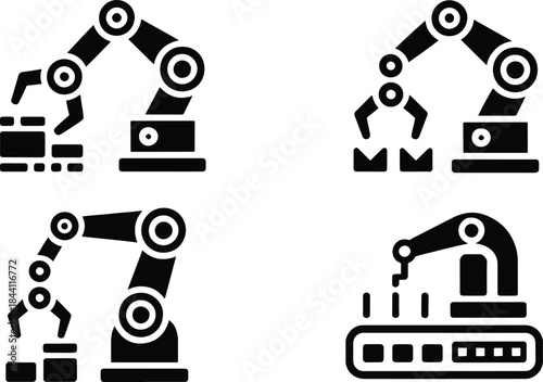 Industrial robotic arm and manufacturing automation glyph icon set. Assembly process, smart factory, and artificial intelligence vector symbols.