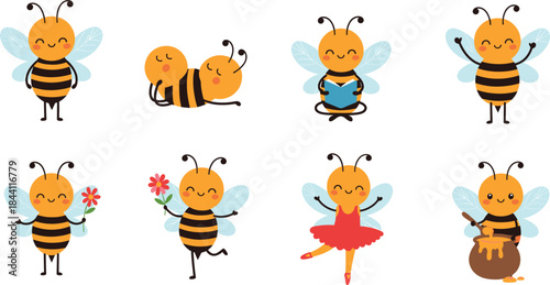Cute cartoon bees in various adorable poses including dancing, reading, sleeping, and holding flowers for children’s design projects