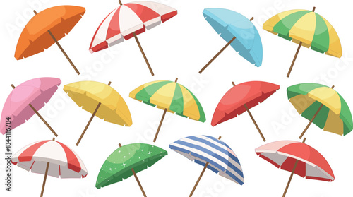 Colorful beach umbrella collection featuring various summer sunshade designs for vacation, seaside, tropical, and outdoor illustration projects