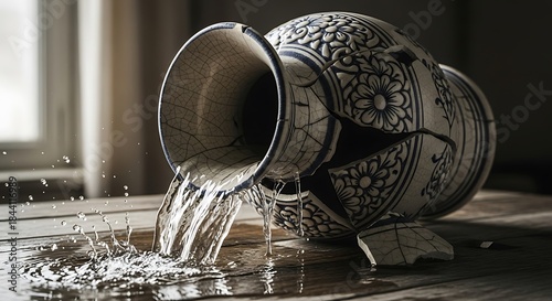 Artistic Broken Vase with Intricate Floral Design and Flowing Water