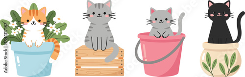 Cute cat illustration set featuring playful kittens sitting in pots, buckets and crates with charming decorative elements for designs