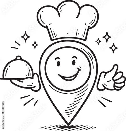 Cute line doodle restaurant location pin emoji. Freehand sketch pinpoint. Map address comic emoticon black and white vector art 