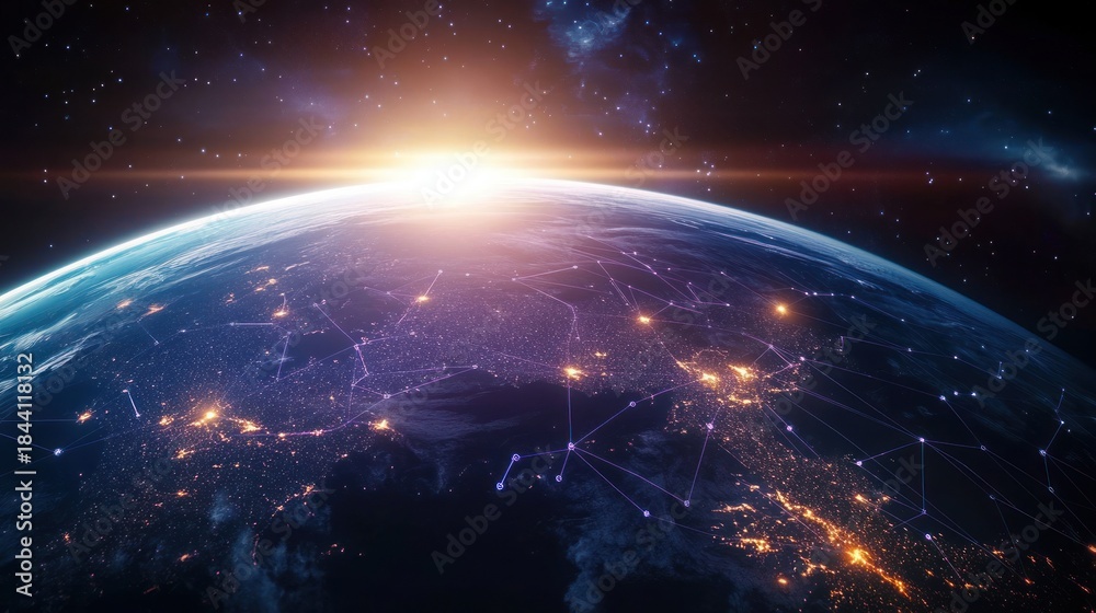 Obraz premium A glowing planet Earth viewed from space at sunrise with interconnected bright lights representing global communication networks across continents