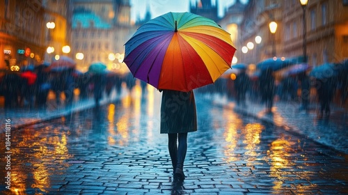 Wallpaper Mural Person walking alone on a wet cobblestone street holding a vibrant rainbow-colored umbrella on a rainy evening with blurred city lights surrounding Torontodigital.ca