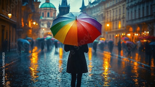 Wallpaper Mural Person holding a rainbow umbrella walking on a rainy cobblestone street in a historic city with glowing street lamps and blurred pedestrians Torontodigital.ca