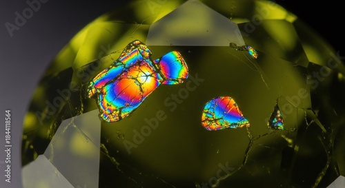 Closeup of a yellow gemstone showing colorful mineral inclusions under polarized light, revealing birefringence and internal structure