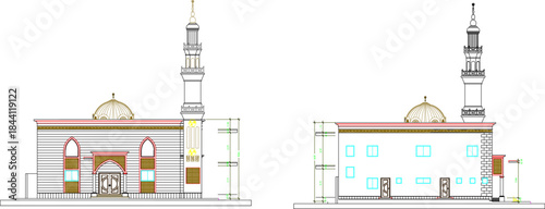Vector sketch illustration silhouette design of architectural drawing of mosque building with modern tall tower with scale size