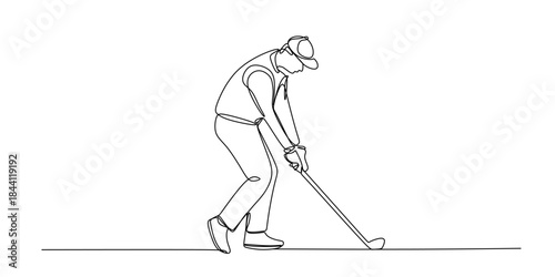 Continuous line drawing of a male golfer finishing his swing after hitting a golf ball, wearing a cap and shirt, in minimalist line art style on white background