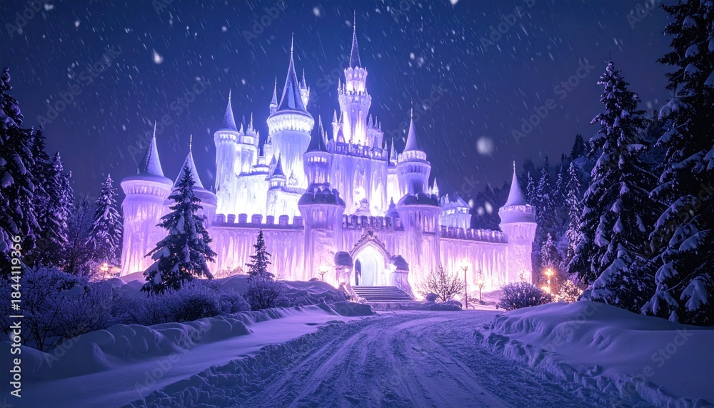 Fototapeta premium A majestic ice castle illuminated at night with a snowy path, trees, and falling snow