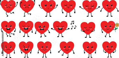 Cute heart character emotion set featuring adorable expressions, love symbols, cartoon feelings and romantic mood illustrations for designs