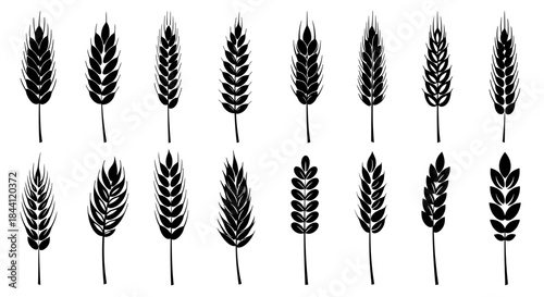 Black Wheat Ear Icon Set – Minimal Grain and Cereal Plant Silhouettes for Agriculture, Bakery, Harvest, and Organic Food Design