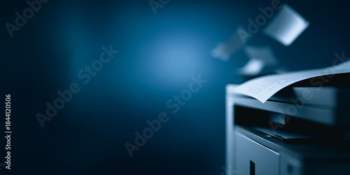 A close-up shot of a modern printer, capturing the dynamic moment when sheets of paper are ejected, embodying the essence of efficient office technology.