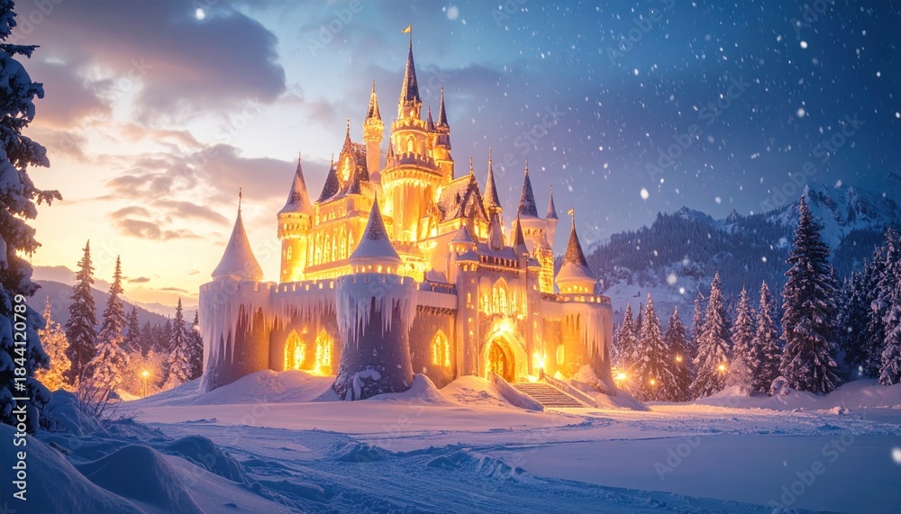 Obraz premium A glowing castle at dusk, iced over, set in a snowy forest with falling snow