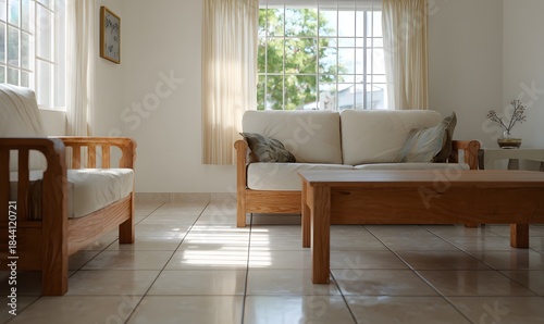An interior shot of a modest Central American living room. Clean ceramic tile floor, simple furniture arrangement