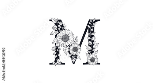 Elegant floral monogram of the letter M beautifully decorated with hand-drawn black and white sunflowers and leaves for branding.