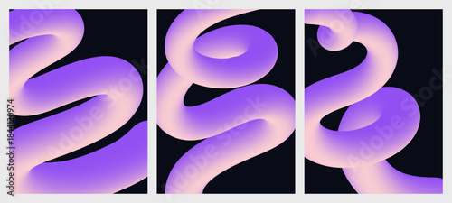 Collection of trendy purple and violet 3d fluid pipe backgrounds with smooth gradient flow