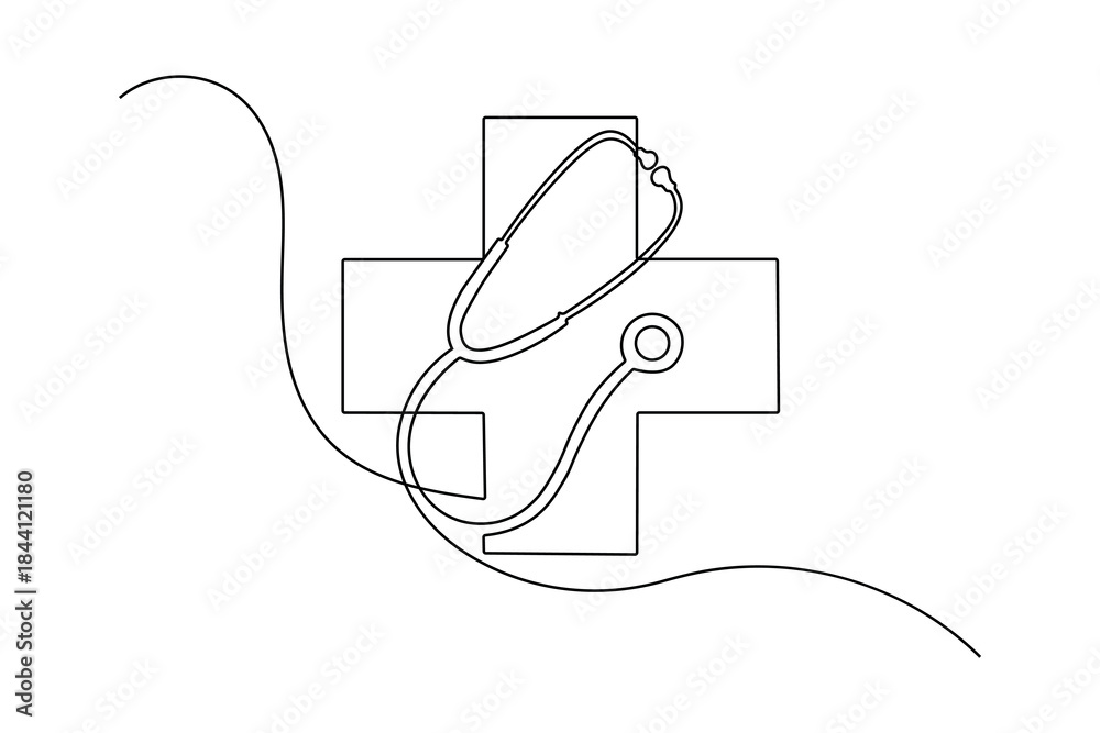 Obraz premium Continuous line drawing of a medical cross symbol with a stethoscope. health, medical care, and wellness concept illustration