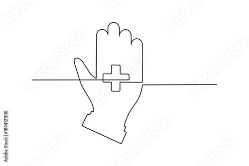 One continuous line drawing of human hand holding medical cross symbol. healthcare concept minimalistic design art. illustration