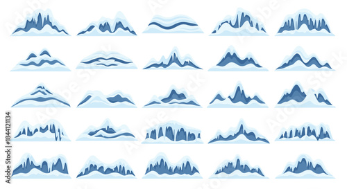 Big collection of cartoon mountain peaks and glaciers covered in snow and ice, representing winter landscapes and arctic scenery.