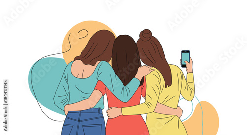 Rear view of three diverse young women hugging in friendship, with one friend taking a selfie on an abstract background.