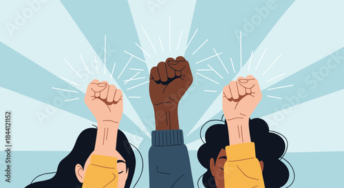 Three raised fists of diverse skin tones against a background with light rays, symbolizing unity, protest, and empowerment.