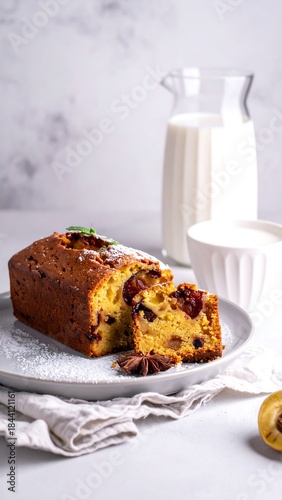 Fruitcake slice on plate with milk pitcher and cup, dusted with powdered sugar