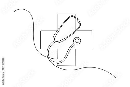 Continuous line drawing of a medical cross symbol with a stethoscope. health, medical care, and wellness concept illustration