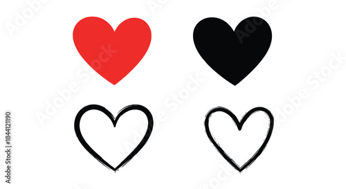 Set of four heart icons including solid red and black shapes, and two hand-drawn grunge style outlines for love and romance symbols.