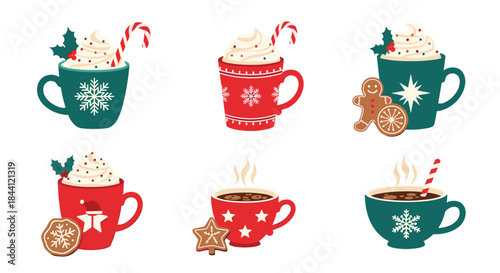 Collection of festive Christmas mugs filled with hot chocolate, whipped cream, and candy canes, alongside gingerbread cookies.