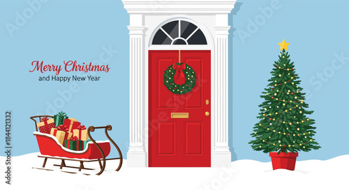 Festive Christmas illustration of a decorated house entrance with a red door, wreath, tree, and a sleigh full of gifts in the snow.