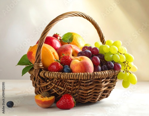 Fruit-filled basket with various vibrant colors and textures of fruits spills over