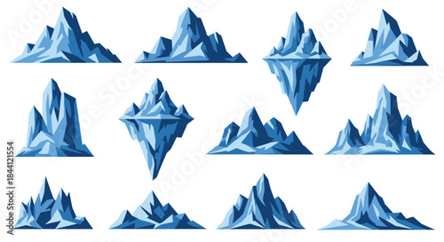 Collection of sharp, blue crystalline icebergs and glaciers, some showing their underwater reflections, in a stylized vector format.