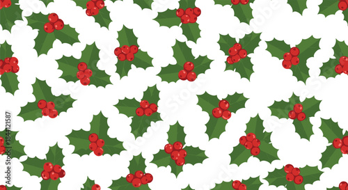 Seamless Christmas pattern with festive holly leaves and red berries scattered randomly on a clean white background for holiday wrapping.