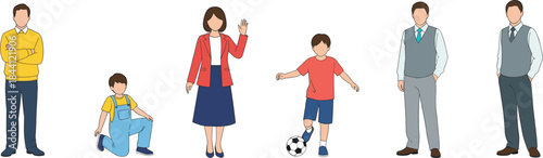 Family character vector set featuring parents and children in casual poses, everyday activities and modern lifestyle illustration elements