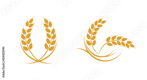 Two stylized golden wheat ear designs, one forming a wreath and the other a flowing pattern, on a white background.
