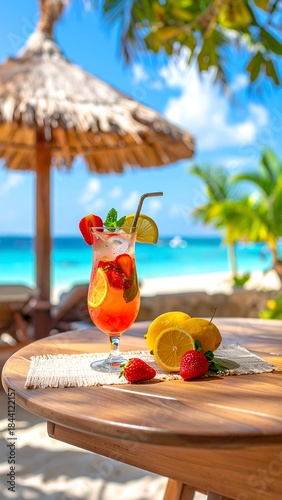Fruity cocktail on a wood table near beach with turquoise sea and palm trees