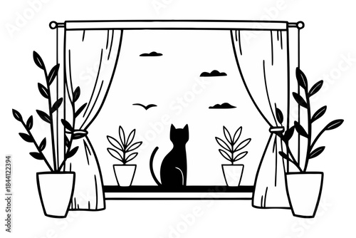 Black cat sitting on a windowsill looking outside with potted plants